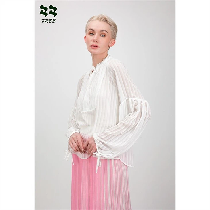 White Long Puff Sleeve Frill Neck Jacquard Blouse