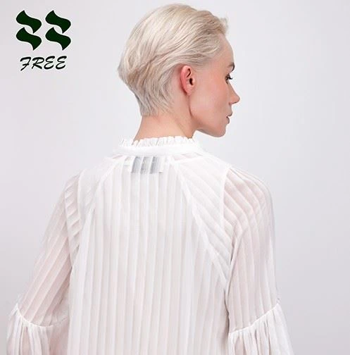 White Long Puff Sleeve Frill Neck Jacquard Blouse